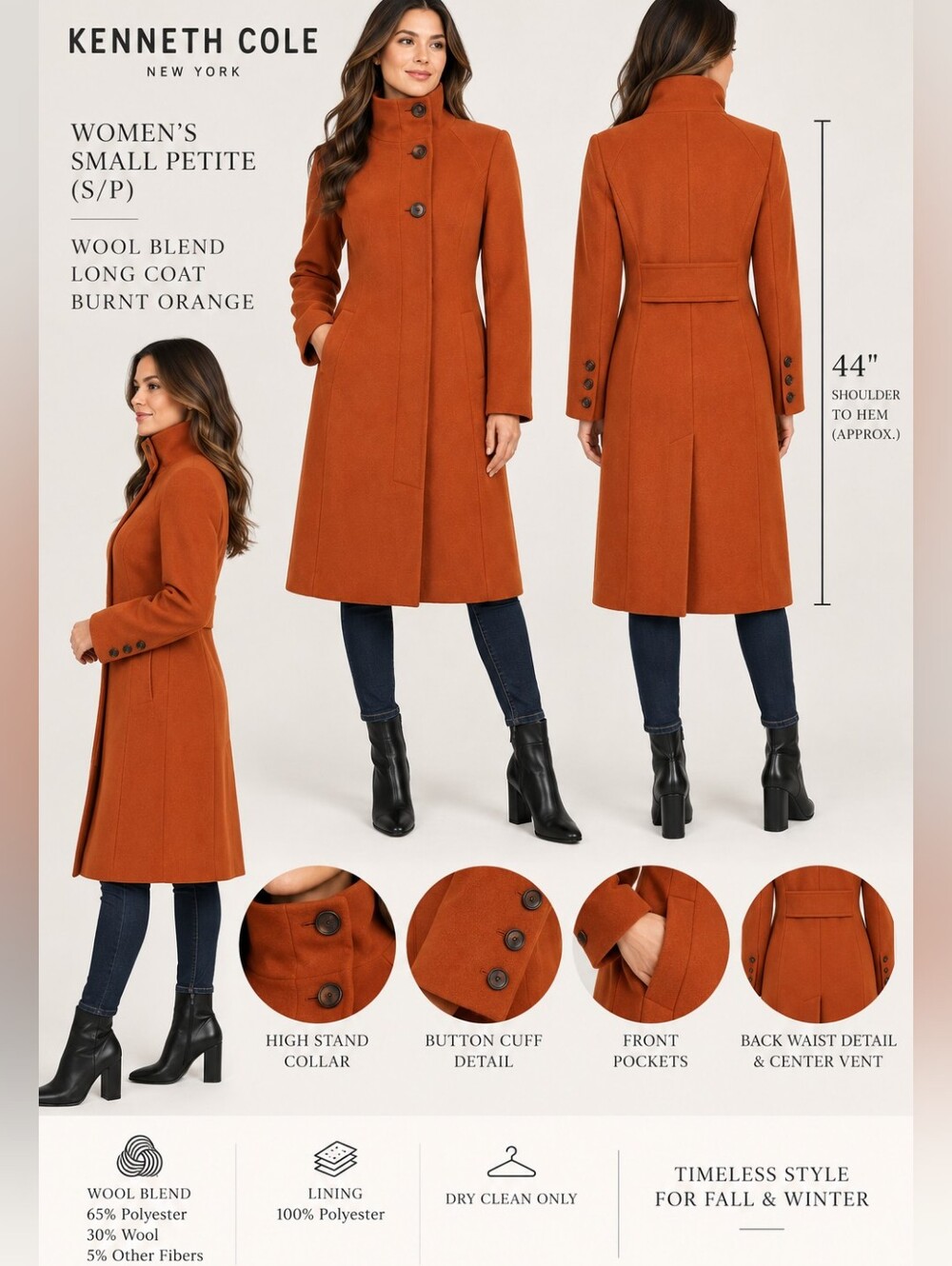 Kenneth Cole New York Burnt Orange Wool Blend Coat S Petite NWT